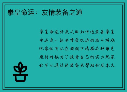 拳皇命运：友情装备之道